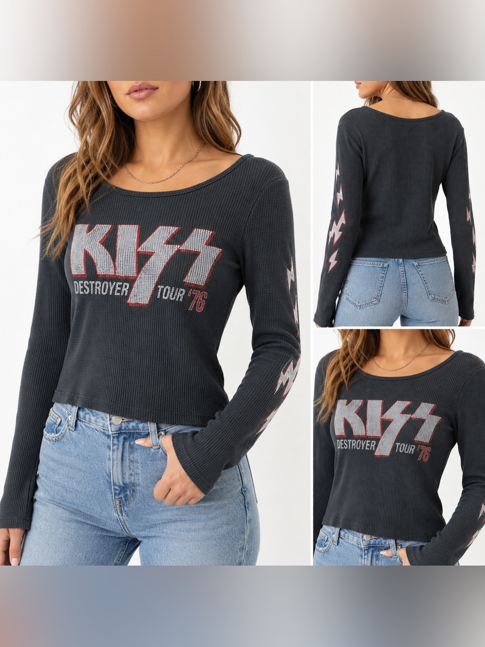 Daydreamer KISS Destroyer Tour ’76 Waffle Knit Long Sleeve Top Size S